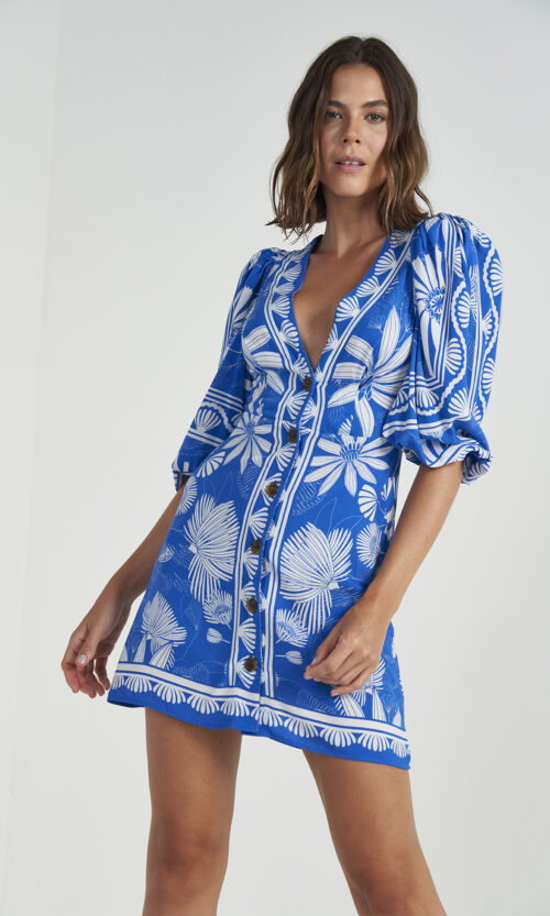 Cobalt Bloom Button Mini Dress — Rental