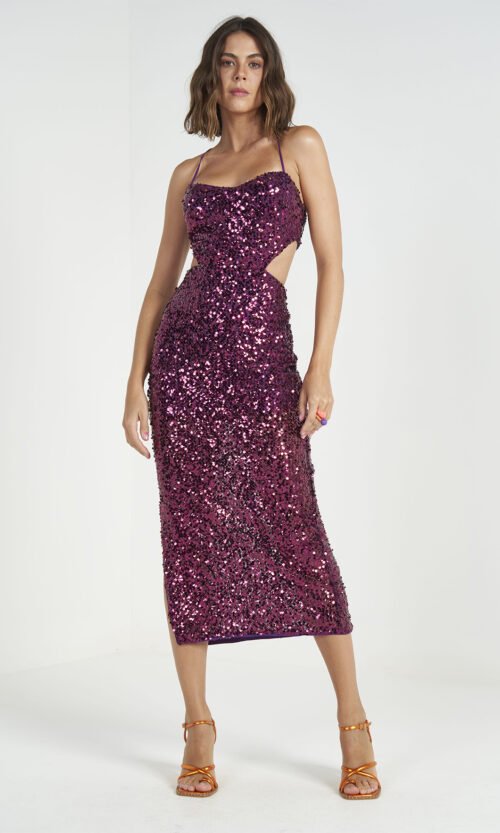 Magenta Sequin Halter Midi Dress — Rental