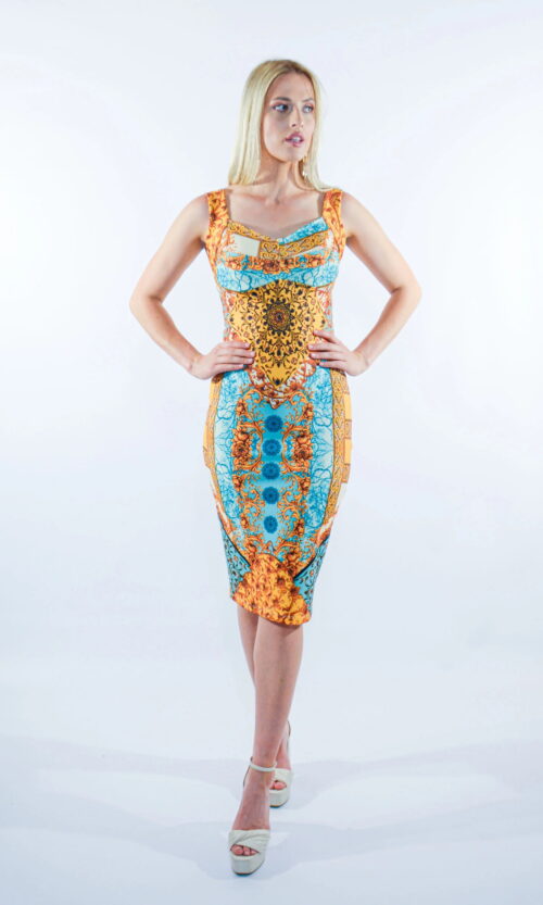 Mosaic Baroque Print Midi Dress — Rental