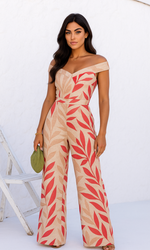 Terracotta Leaf Off-Shoulder Jumpsuit — Rental