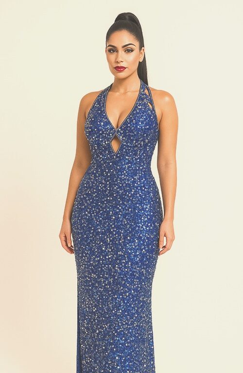 Cobalt Sequin Halter Gown — Rental
