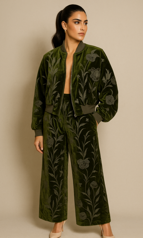 Olive Velvet Embroidered Co-ord Set — Rental