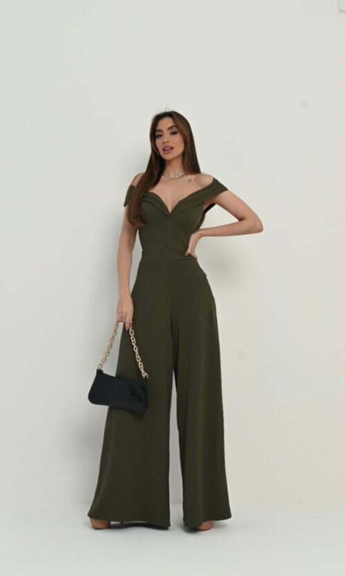 Olive Off-Shoulder Wide-Leg Jumpsuit — Rental