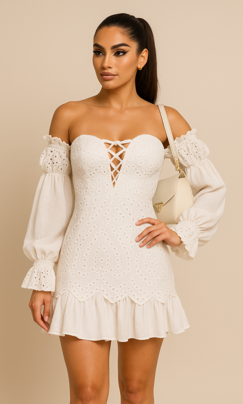 Ivory Eyelet Puff-Sleeve Mini Dress — Rental