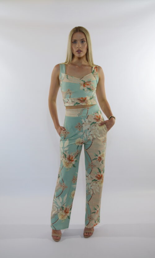 Sage Floral Crop Top & Pants Set — Rental